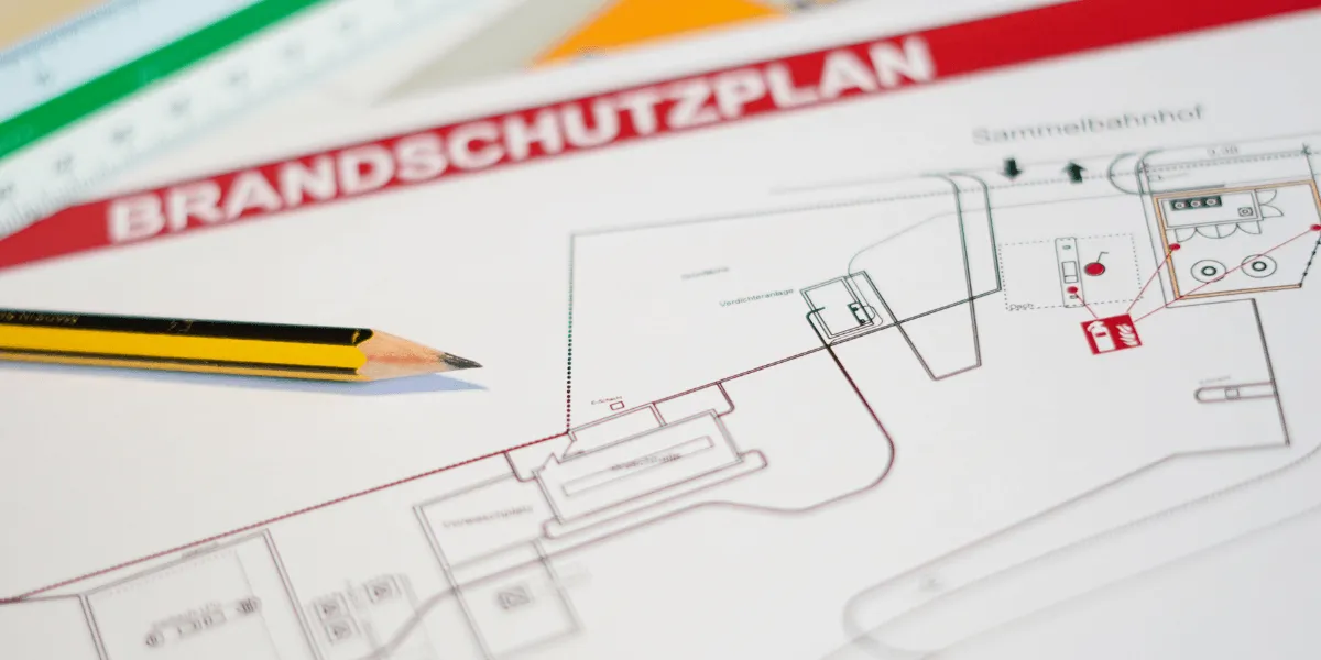 Brandschutzbegehung: Brandschutzplan mit eingezeichneten Fluchtwegen und Feuerlöschern auf einem technischen Grundriss, daneben ein Bleistift und ein Lineal.