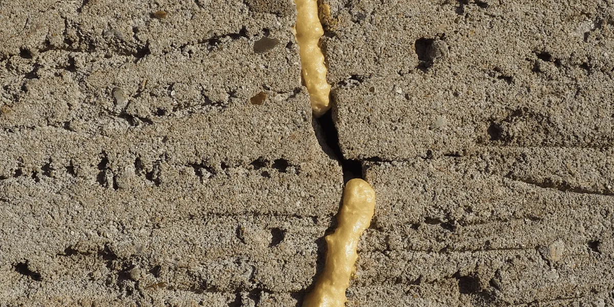 Isocyanate: Nahaufnahme zweier grauer Betonblöcke mit rauer Oberfläche. Aus der schmalen, unregelmäßigen Fuge dazwischen quillt gelblicher Montageschaum hervor.