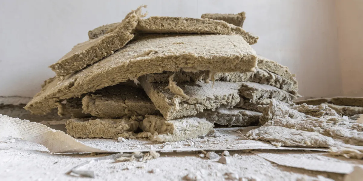 TRGS 521: Stapel alter, beschädigter Mineralwolle-Dämmplatten (Steinwolle) mit bröckelnden Kanten und Staub, liegend auf einem mit Farbresten bedeckten Boden – vermutlich im Rahmen eines Rückbaus oder einer Sanierungsarbeit fotografiert.