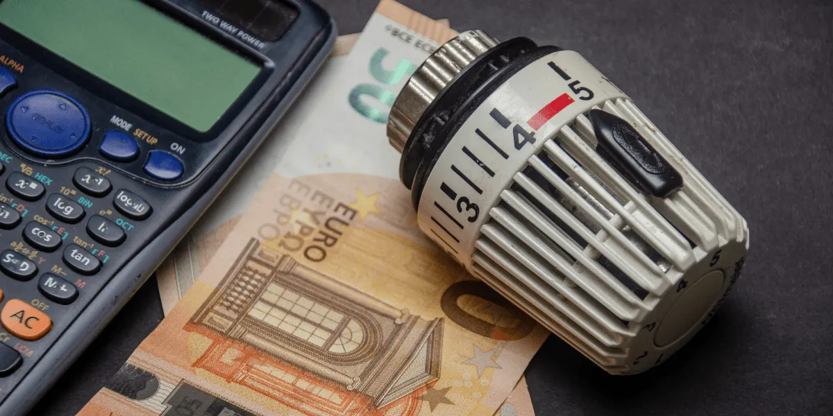Heizlastberechnung: Nahaufnahme eines Heizkörperthermostats auf einem 50-Euro-Schein neben einem Taschenrechner 