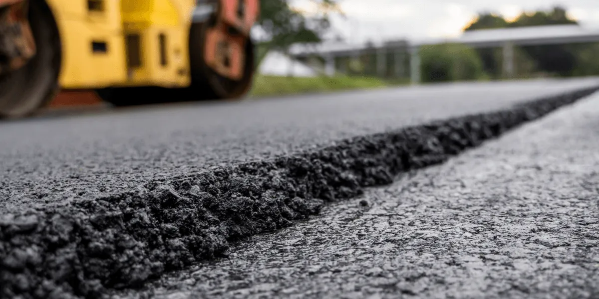 ZTV Asphalt: Nahaufnahme einer ausgefransten Asphaltkante; im Hintergrund ist unscharf ein gelbes Straßenbaufahrzeug zu sehen.