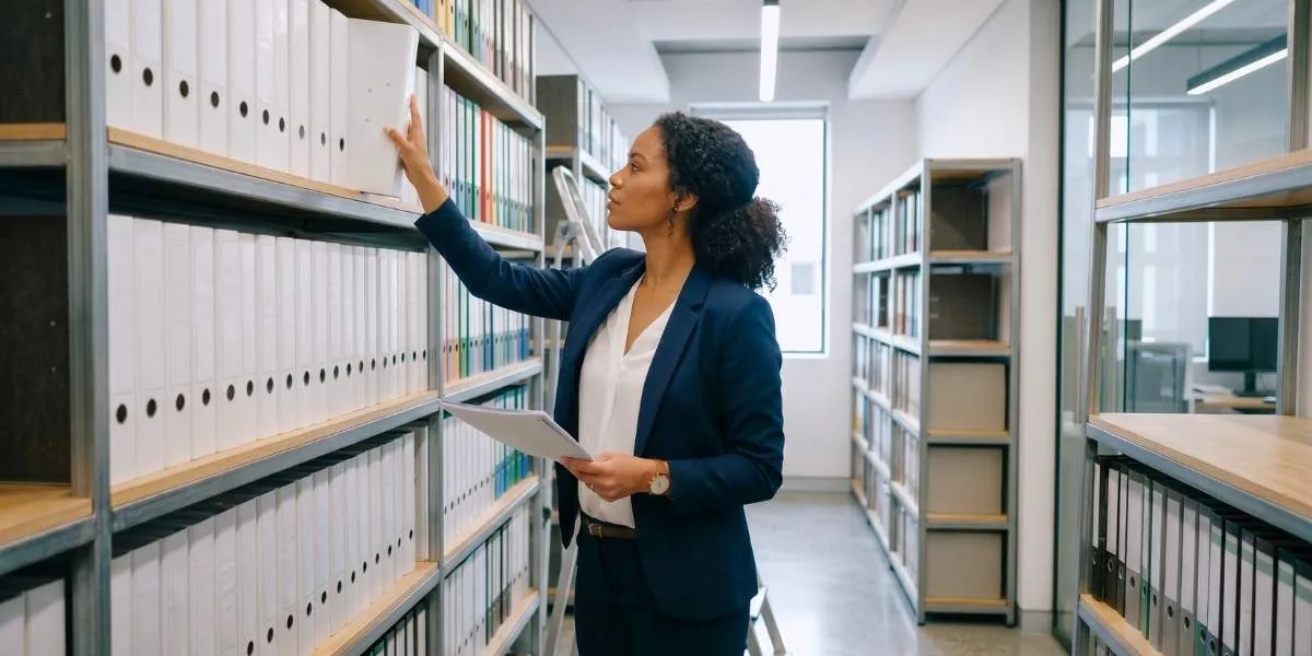 Angestellte holt Ordner aus Archiv, prüft Aufbewahrungsfristen im Unternehmen.