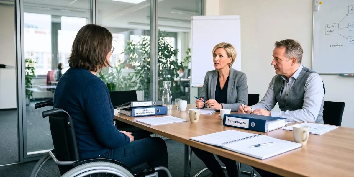 Inklusionsbeauftragte im Rollstuhl sitzt zwei Kolleginnen und Kollegen im Büro gegenüber, sie beraten sich