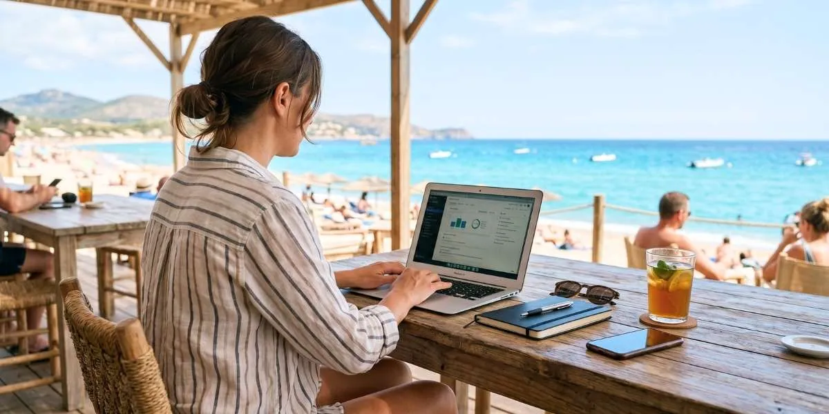 Angestellte arbeitet an einer Strandbar an ihrem Laptop im Rahmen von Workation
