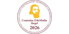 Logo des Comenius EduMedia Siegels 2026 mit gelbem Kopfporträt in der Mitte und umlaufendem Schriftzug Gesellschaft für Pädagogik, Information und Medien e. V. – Für exemplarische Bildungsmedien