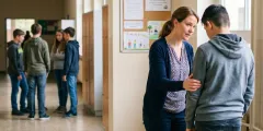Lehrerin tröstet gemobbten Schüler im Flur einer Schule